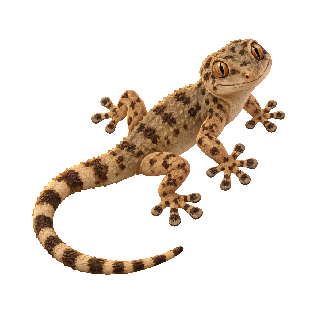 The ActionLay gecko, with golden eyes and a long curling tail